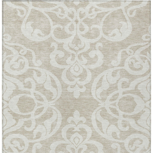3' X 5' Beige And Ivory Damask Washable Indoor Outdoor Area Rug