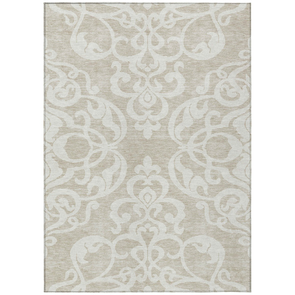 5' X 8' Beige And Ivory Damask Washable Indoor Outdoor Area Rug