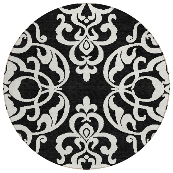 8' Black And Ivory Round Damask Washable Indoor Outdoor Area Rug