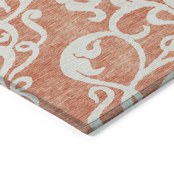 5' X 8' Coral And Ivory Damask Washable Indoor Outdoor Area Rug
