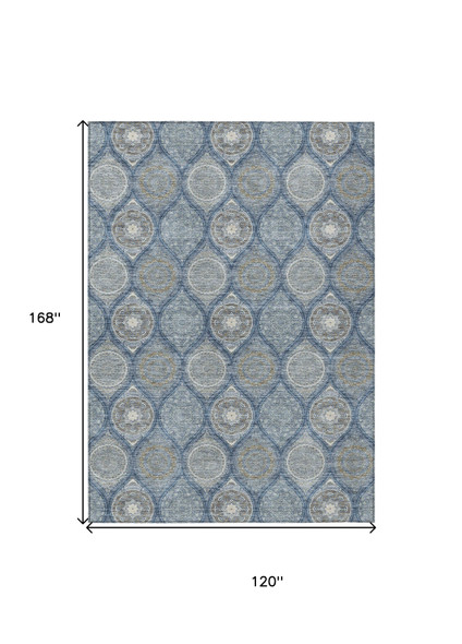10' X 14' Navy Blue Ivory And Taupe Floral Medallion Washable Indoor Outdoor Area Rug