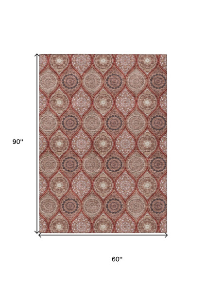 5' X 8' Orange Beige And Gray Floral Medallion Washable Indoor Outdoor Area Rug