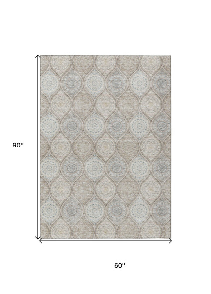 5' X 8' Taupe Beige And Khaki Floral Medallion Washable Indoor Outdoor Area Rug