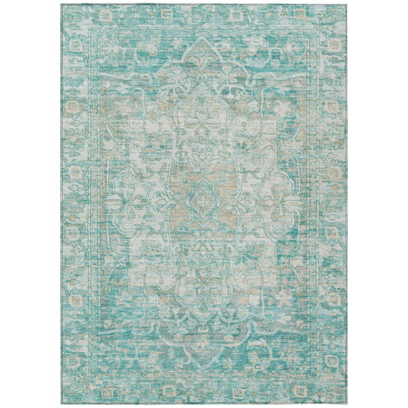 3' X 5' Teal Blue And Ivory Floral Medallion Washable Indoor Outdoor Area Rug