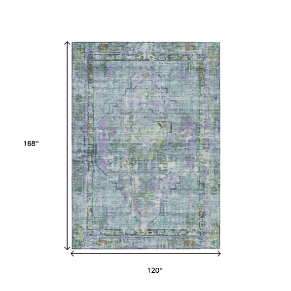 10' X 14' Teal Blue Lavender And Ivory Oriental Washable Indoor Outdoor Area Rug