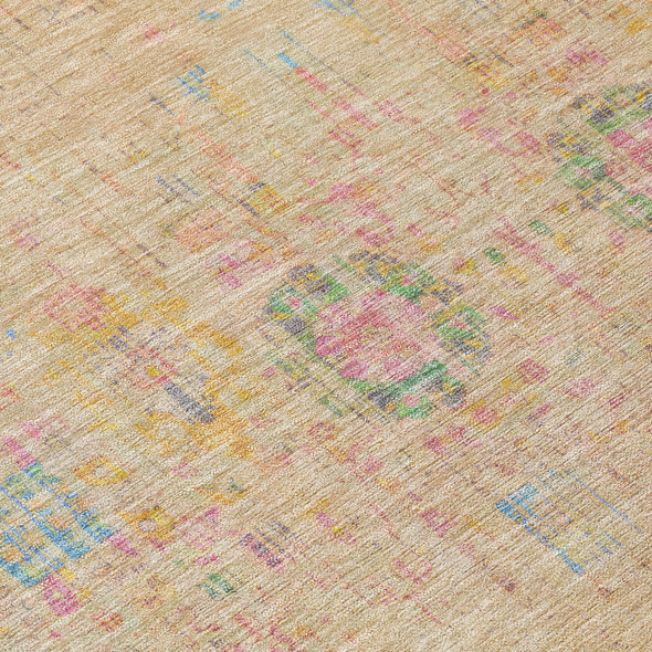 8' X 10' Tan Pink And Yellow Floral Medallion Washable Indoor Outdoor Area Rug