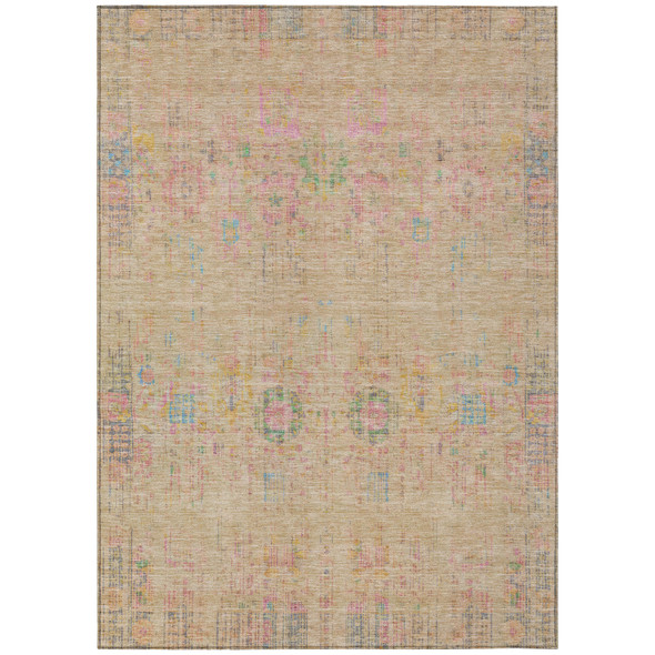 10' X 14' Tan Pink And Yellow Floral Medallion Washable Indoor Outdoor Area Rug