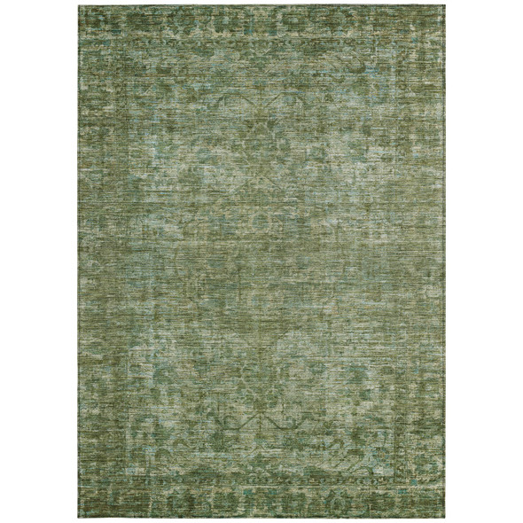 5' X 8' Olive Green And Ivory Floral Medallion Washable Indoor Outdoor Area Rug