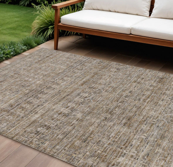 10' X 14' Brown And Beige Striped Washable Indoor Outdoor Area Rug