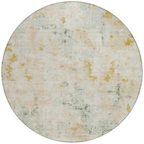 8' Beige And Gold Round Abstract Washable Indoor Outdoor Area Rug