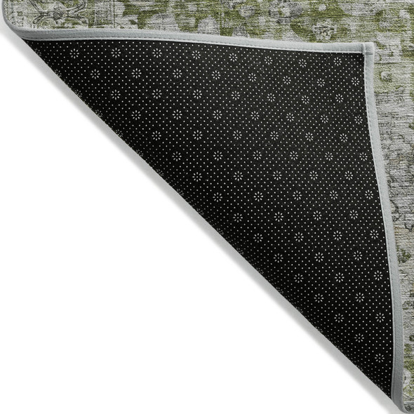 3' X 5' Artichoke Green Gray And Silver Floral Washable Indoor Outdoor Area Rug