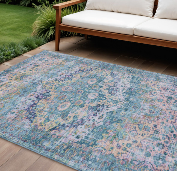 9' X 12' Denim Blue Beige And Pink Floral Washable Indoor Outdoor Area Rug