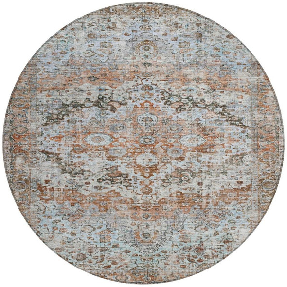 8' Rust Brown And Beige Round Floral Washable Indoor Outdoor Area Rug
