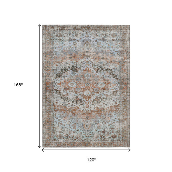 10' X 14' Rust Brown And Beige Floral Washable Indoor Outdoor Area Rug