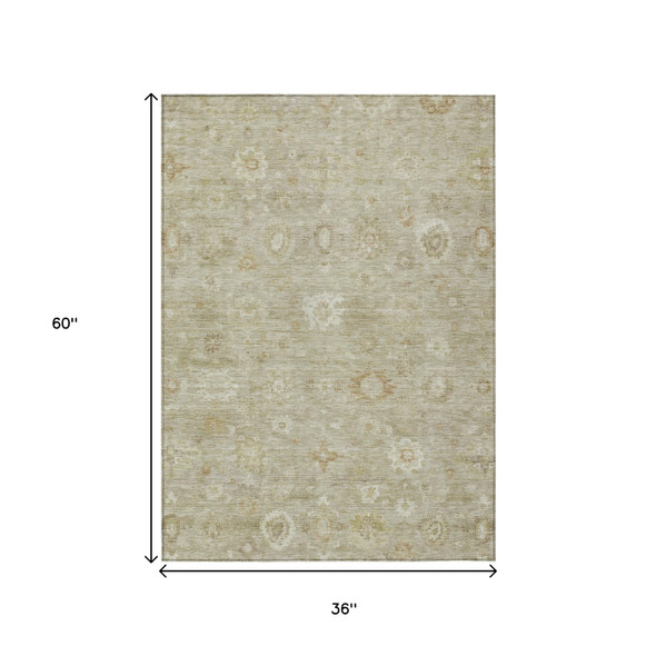 3' X 5' Beige Tan And Ivory Damask Washable Indoor Outdoor Area Rug