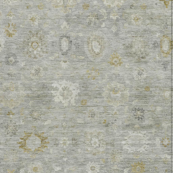 5' X 8' Gray Ivory And Gold Damask Washable Indoor Outdoor Area Rug