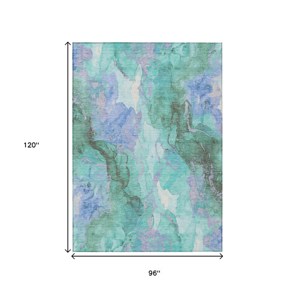 8' X 10' Teal Blue And Mint Green Abstract Washable Indoor Outdoor Area Rug