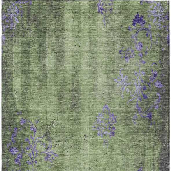 3' X 5' Artichoke Green And Purple Floral Washable Indoor Outdoor Area Rug