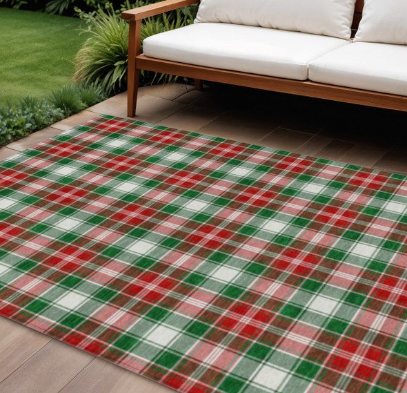 8' X 10' Emerald Red And White Plaid Washable Indoor Outdoor Area Rug