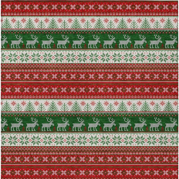 3' X 5' Red Green And Ivory Deer Washable Indoor Outdoor Area Rug