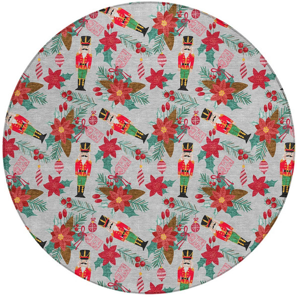 8' Silver Red Black Pink And Brown Round Floral Washable Indoor Outdoor Area Rug