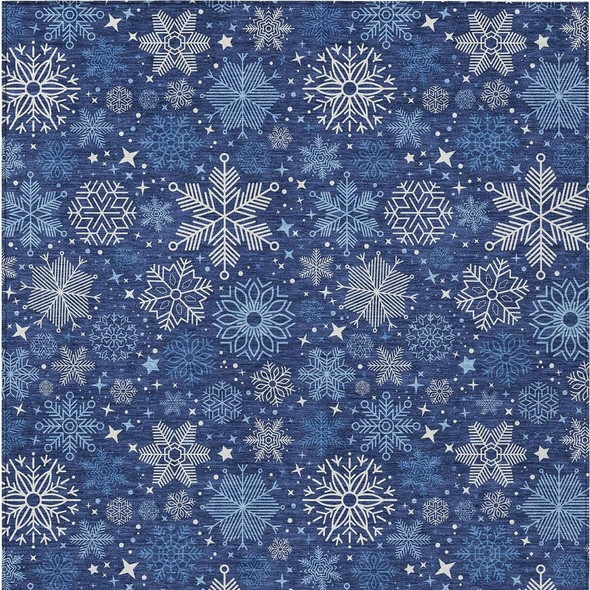 10' X 14' Navy Blue Ivory And Sky Blue Snowflake Washable Indoor Outdoor Area Rug