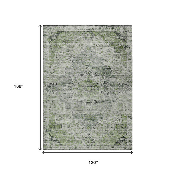 10' X 14' Artichoke Green And Gray Medallion Washable Indoor Outdoor Area Rug