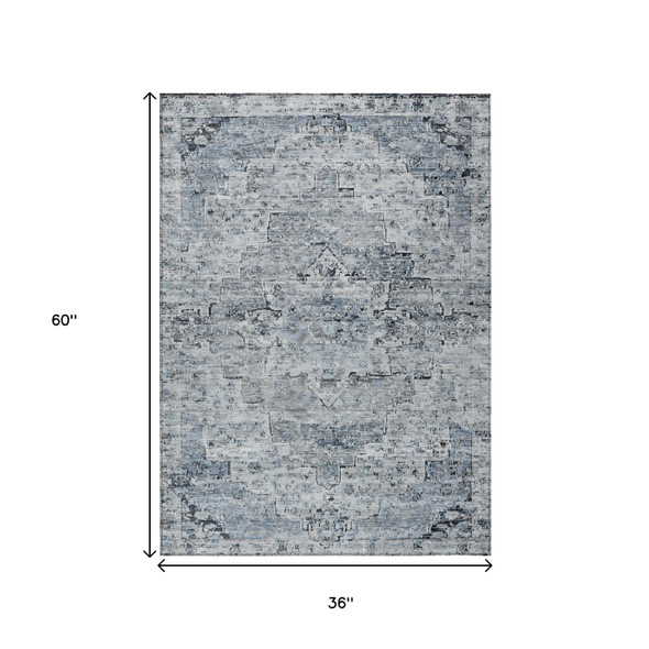 3' X 5' Sky Blue And Denim Blue Medallion Washable Indoor Outdoor Area Rug