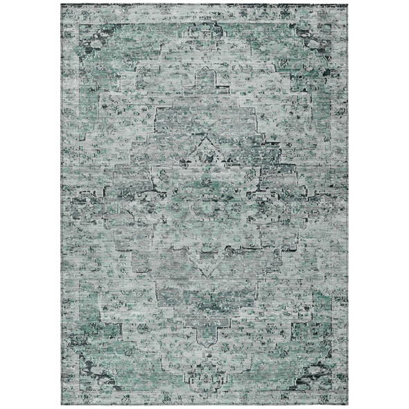 5' X 8' Teal Blue And Pale Aqua Medallion Washable Indoor Outdoor Area Rug