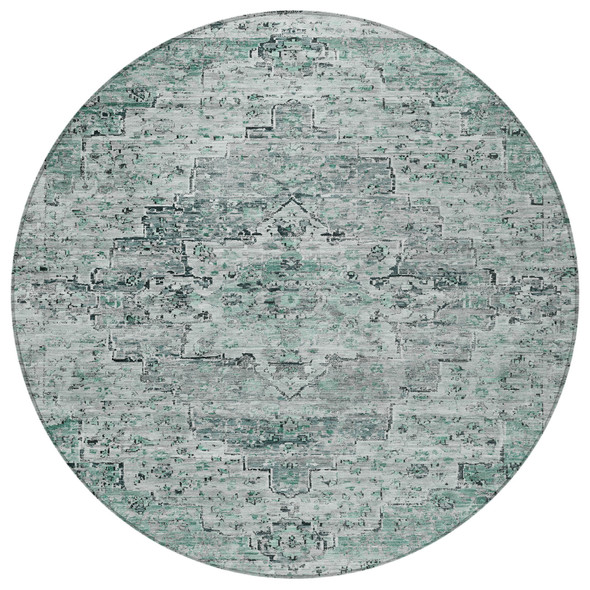 8' Teal Blue And Pale Aqua Round Medallion Washable Indoor Outdoor Area Rug