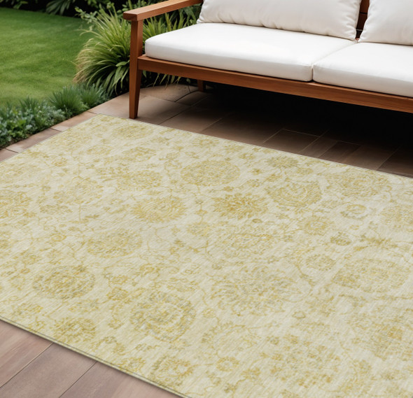 9' X 12' Gold And Beige Damask Washable Indoor Outdoor Area Rug