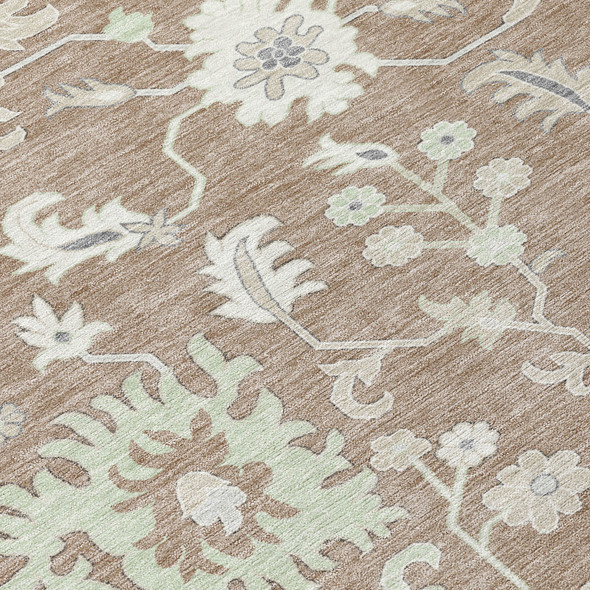 9' X 12' Taupe Beige And Gray Floral Washable Indoor Outdoor Area Rug