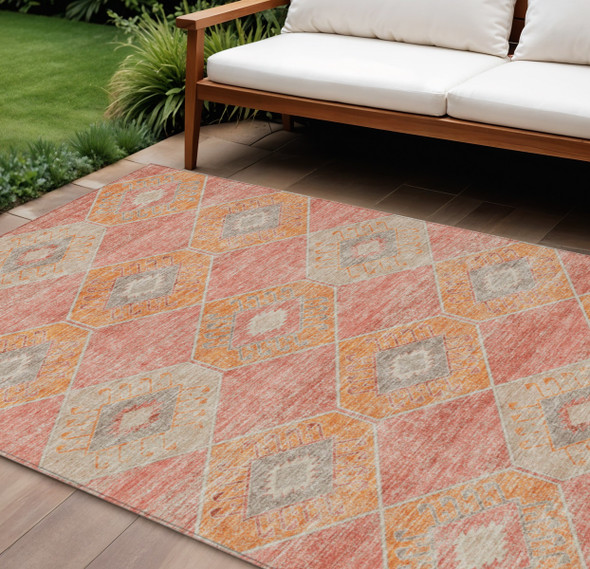 9' X 12' Coral And Gray Aztec Washable Indoor Outdoor Area Rug