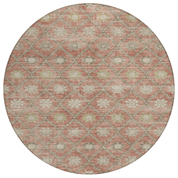 8' Terra Cotta And Beige Round Floral Washable Indoor Outdoor Area Rug