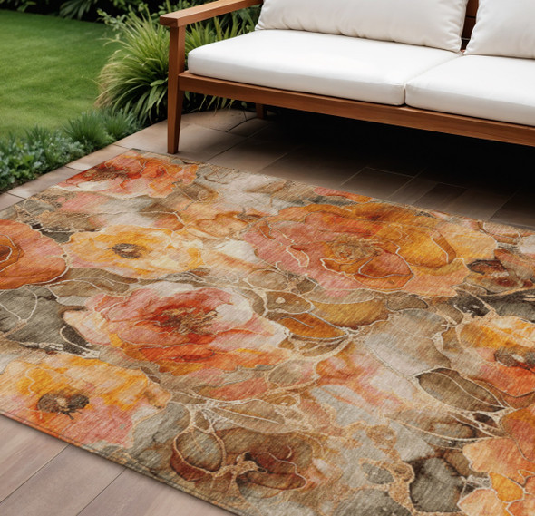 10' X 14' Orange And Gray Floral Washable Indoor Outdoor Area Rug