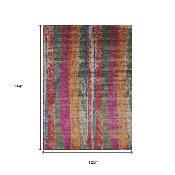 9' X 12' Beige Orange And Fern Green Striped Washable Indoor Outdoor Area Rug