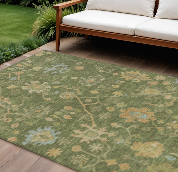 8' X 10' Fern Green And Gold Floral Washable Indoor Outdoor Area Rug