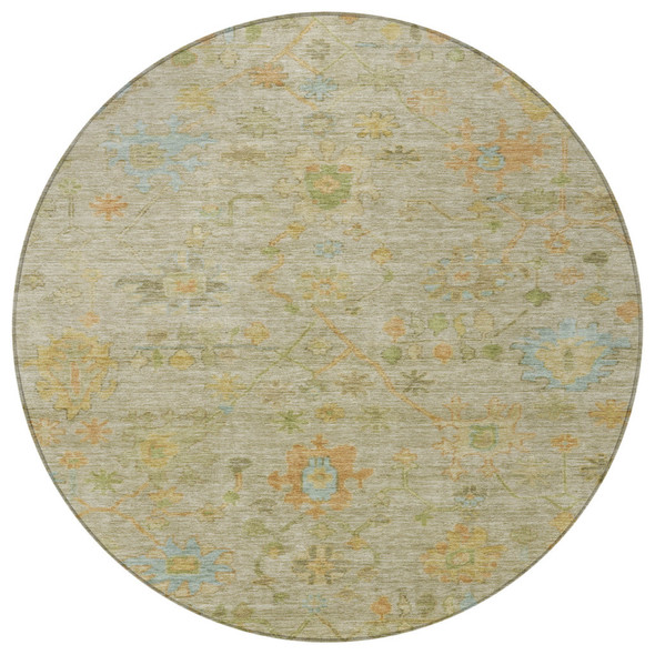 8' Khaki And Beige Round Floral Washable Indoor Outdoor Area Rug