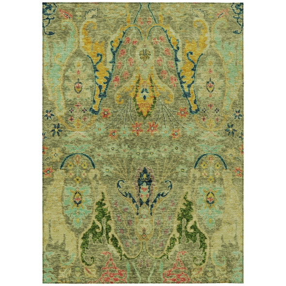 5' X 8' Green Gold And Pink Floral Washable Indoor Outdoor Area Rug