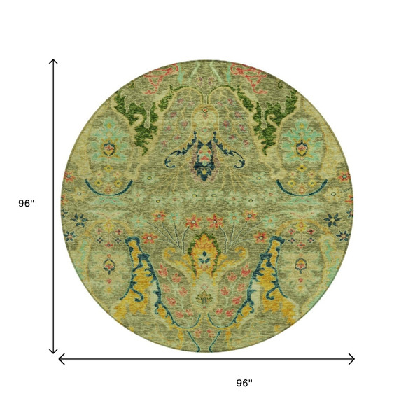 8' Green Gold And Pink Round Floral Washable Indoor Outdoor Area Rug