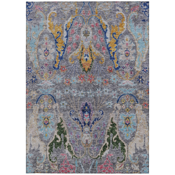 8' X 10' Gray Gold And Navy Blue Floral Washable Indoor Outdoor Area Rug