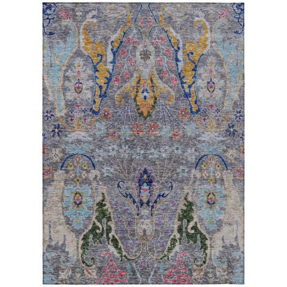 9' X 12' Gray Gold And Navy Blue Floral Washable Indoor Outdoor Area Rug