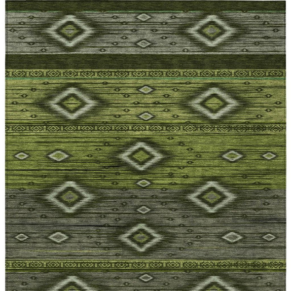 10' X 14' Artichoke Green Gray And Fern Green Tribal Washable Indoor Outdoor Area Rug