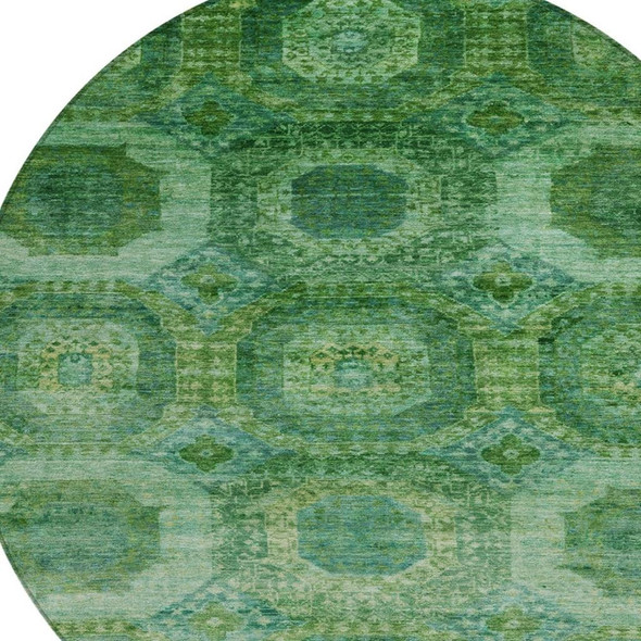 8' Emerald And Green Round Medallion Washable Indoor Outdoor Area Rug
