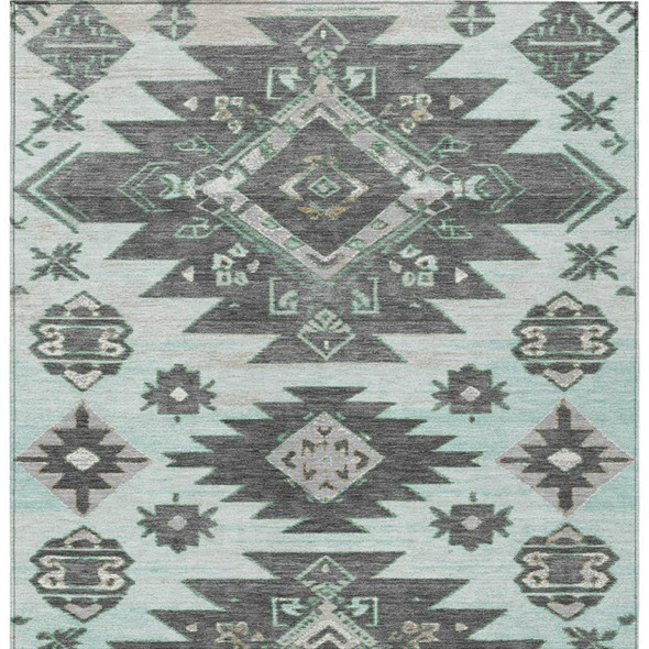 9' X 12' Mint Green And Charcoal Tribal Washable Indoor Outdoor Area Rug