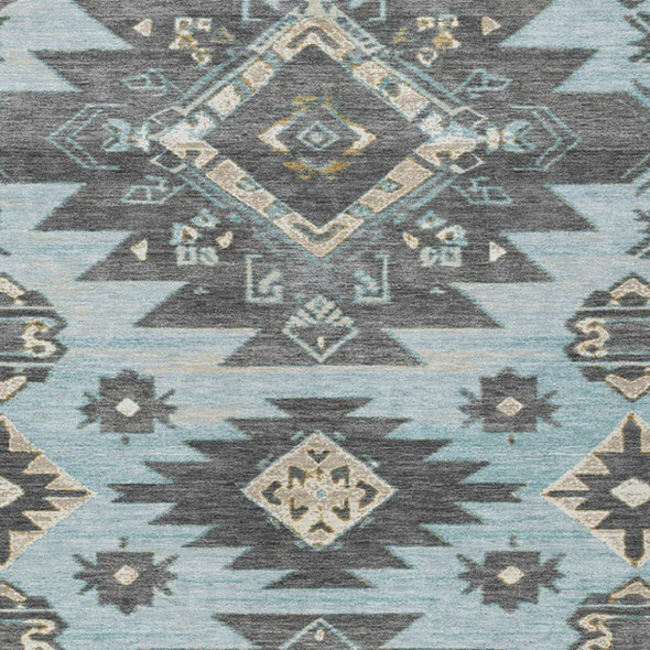 9' X 12' Teal Blue And Charcoal Tribal Washable Indoor Outdoor Area Rug