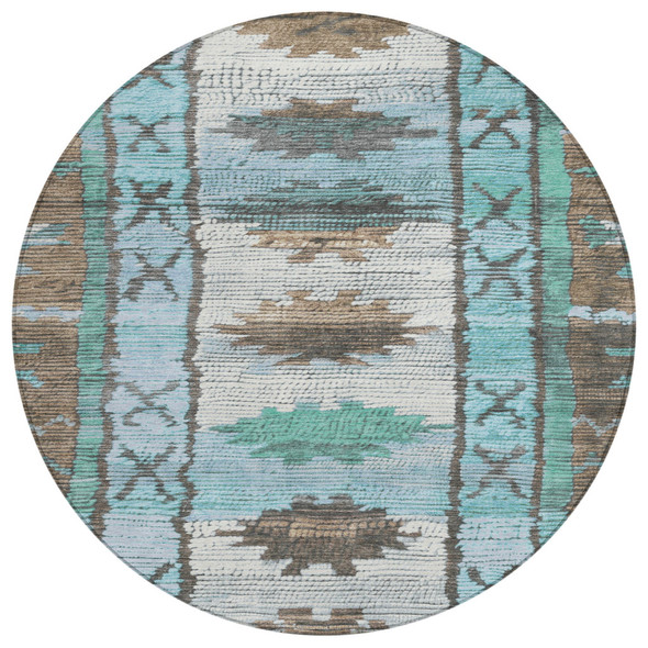 8' Brown And Teal Blue Round Tribal Washable Indoor Outdoor Area Rug