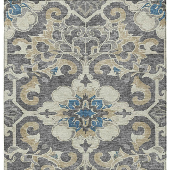 3' X 5' Beige And Charcoal Damask Washable Indoor Outdoor Area Rug
