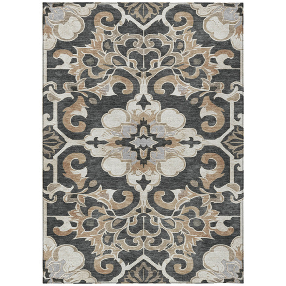 8' X 10' Charcoal And Taupe Damask Washable Indoor Outdoor Area Rug