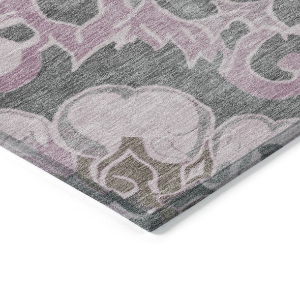 10' X 14' Pink And Charcoal Damask Washable Indoor Outdoor Area Rug